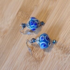 Blue eye lamp work glass bead earrings in antique silver tone